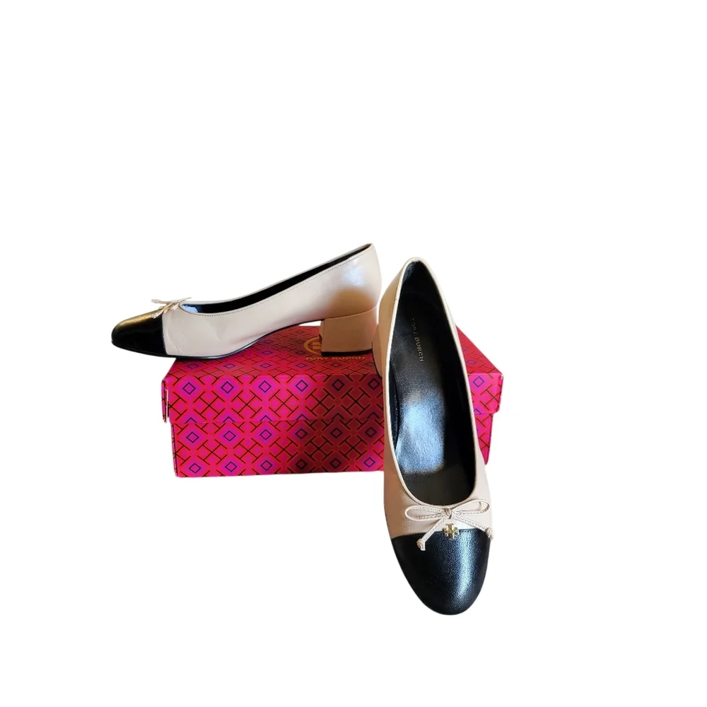Tory Burch Black and Cream Leather Cap-Toe Pump